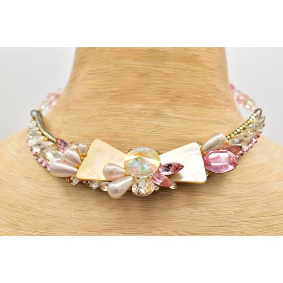 Wendy Gell Vintage Collar Necklace Cluster Pink AB Crystal Pearl Signed 80s BinN - Picture 2 of 12